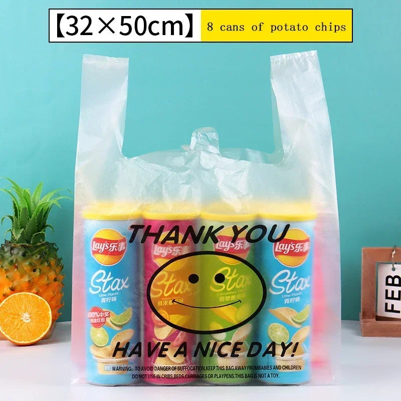 50PCS Plastic Food Storage Bags with Handle Supermarket Grocery Shopping Bag Useful Shopping Bag Kitchen Storage Basket 3 Sizes